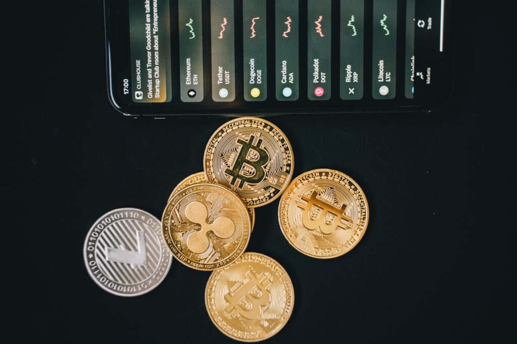 bitcoins on black surface