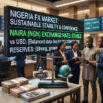 Digital display showing Nigeria FX market data with professionals reviewing information.
