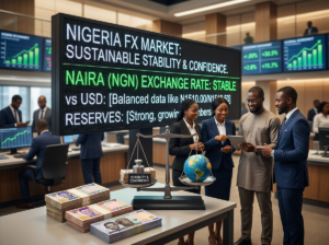 Digital display showing Nigeria FX market data with professionals reviewing information.