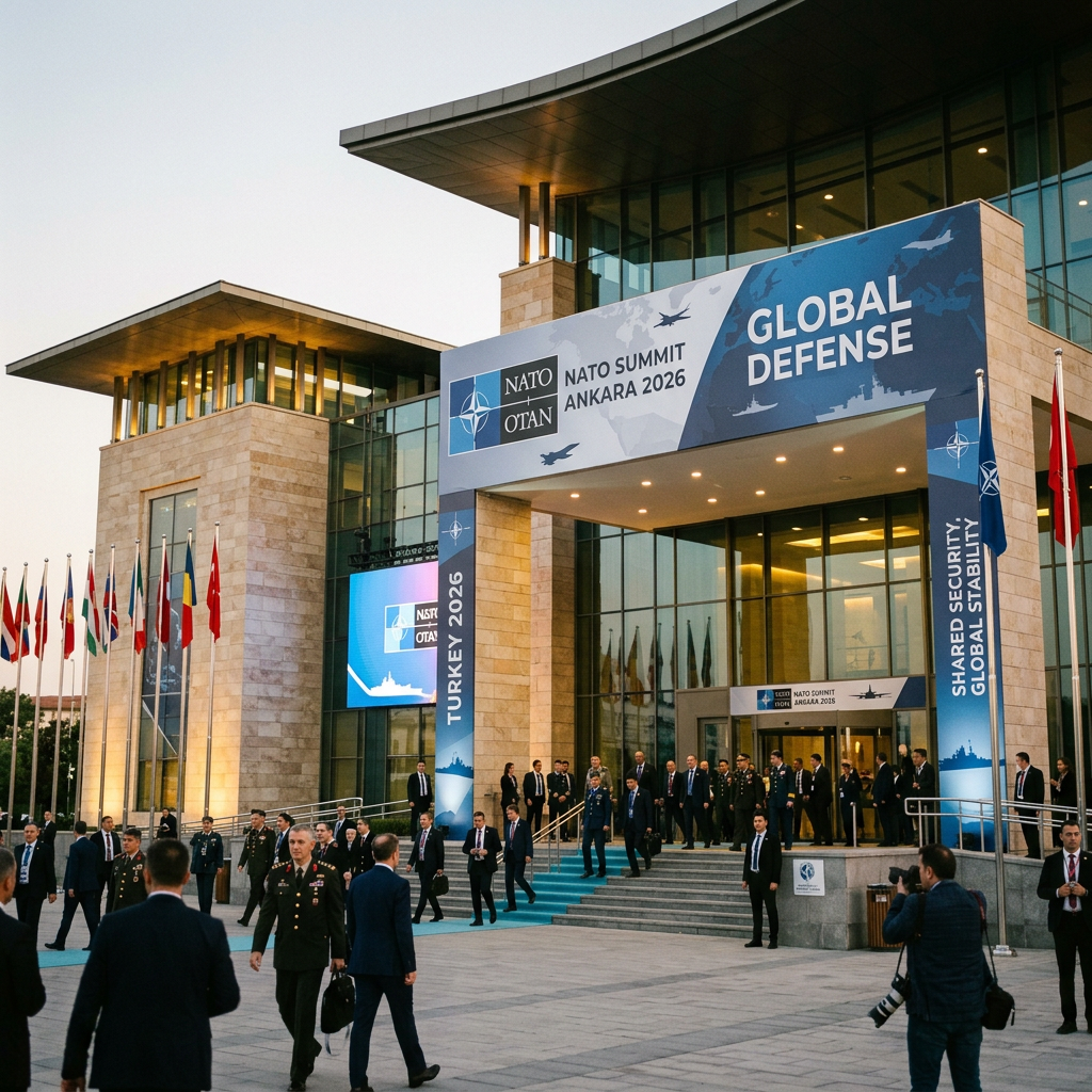 Delegates walking outside a modern building with NATO Summit Ankara 2026 banners and flags