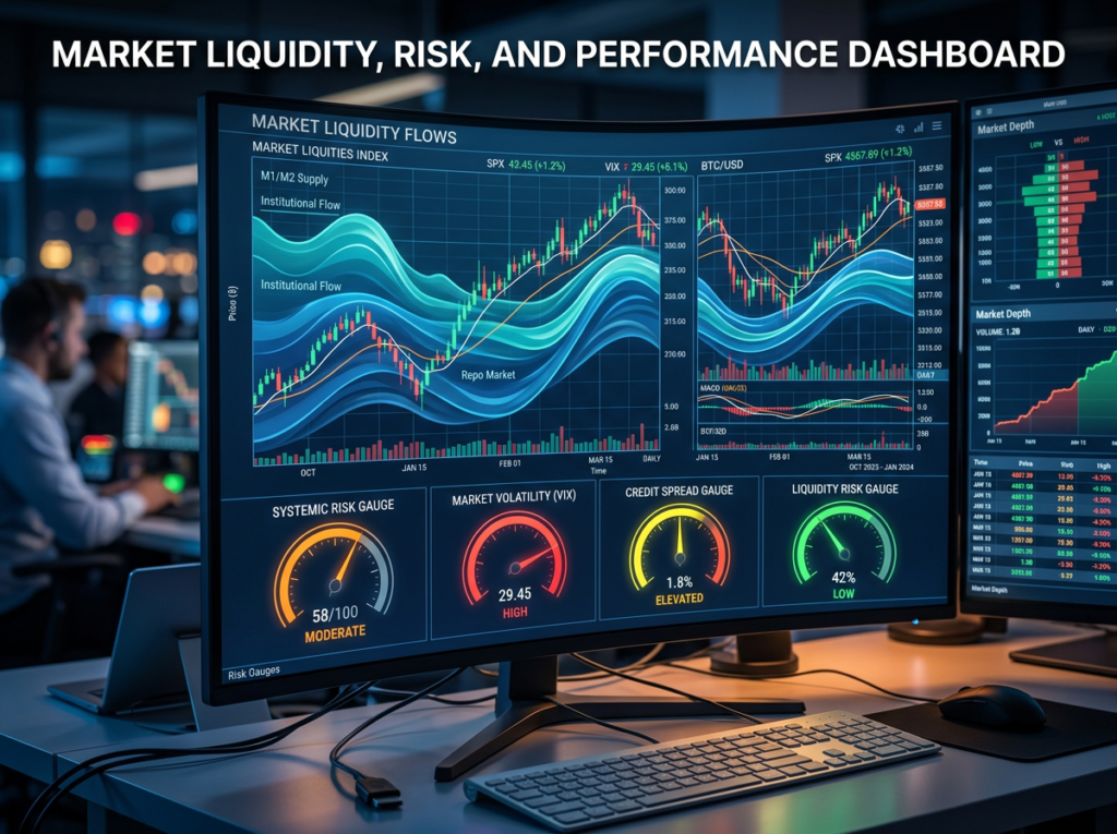 Dashboard displaying market liquidity flows, systemic risk gauge, market volatility, credit spread, and liquidity risk.