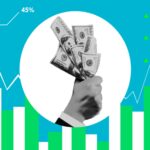 cutout paper composition with graphic and hand with bills