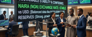 Digital display showing Nigeria FX market data with professionals reviewing information.