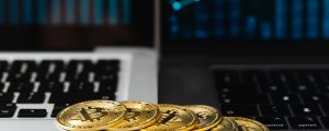selective focus of bitcoins on laptop computers