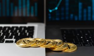 selective focus of bitcoins on laptop computers